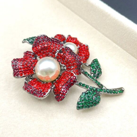 Gun Metal with Ruby Garnet Red and Emerald Crystal Pearl Flower Pin Back Brooch - Picture 5 of 8